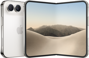 iPhone Duo, folded back exterior, Star White color, Dual Fusion camera system at top left, Apple logo in center. Unfolded interior display, all-screen design, rounded corners