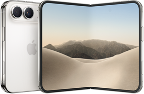 iPhone Duo, folded back exterior, Star White color, Dual Fusion camera system at top left, Apple logo in center. Unfolded interior display, all-screen design, rounded corners