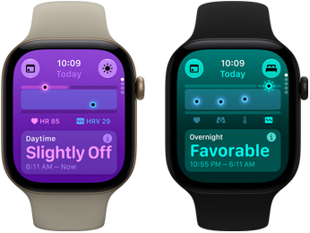 Two Apple Watch Series 12 devices: aluminum case, light gold color, Daytime Vitals Slightly Off, Digital Crown, sand Sport Band, aluminum case, black color, Overnight Vitals Favorable, Digital Crown, black Sport Band