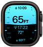 Apple Watch Ultra 4, titanium case, black color, Depth app showing diving metrics, right side exterior, Digital Crown, raised side button